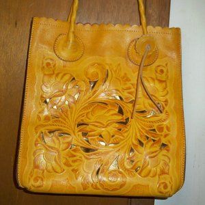 Patricia Nash Mustard Floral Tooled Cavo Tote